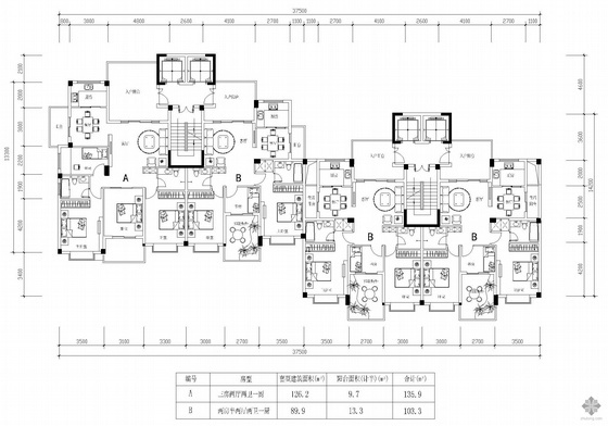 90平米住宅户型图资料下载-板式高层一梯两户户型图(126/90)