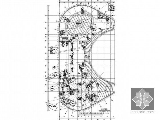 [江苏]大型文艺会展中心空调通风设计施工图(顶级设计院)-二区屋顶层平面空调及通风系统布置图