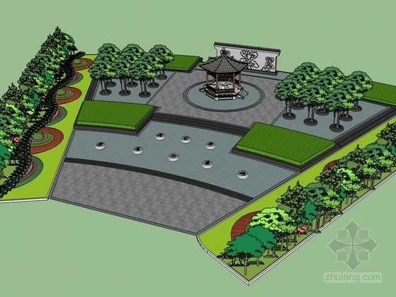 中式广场设计模型资料下载-中式广场SketchUp模型下载