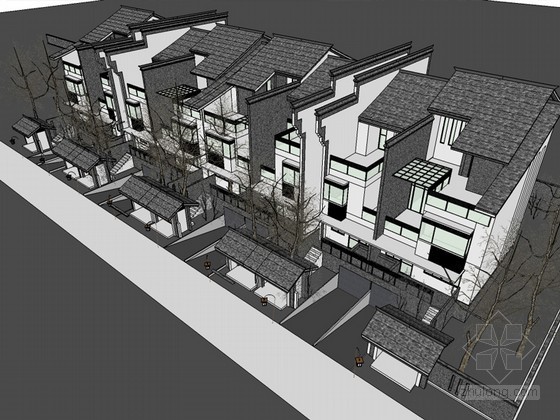 中式联排别墅建筑SketchUp模型- 