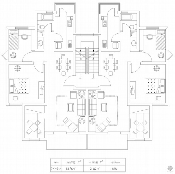 18层板式住宅户型图资料下载-板式多层一梯两户户型图(85/72)