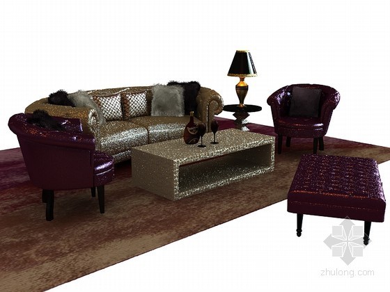 新中式沙发椅子组合3d模型资料下载-时尚欧式沙发组合3D模型下载