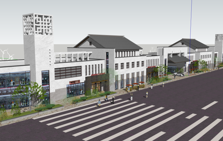 中式商业街加住宅规划资料下载-中式商业街步行建筑SU模型