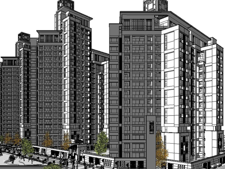 高层新中式居住区su资料下载-新中式风居住区建筑SU模型