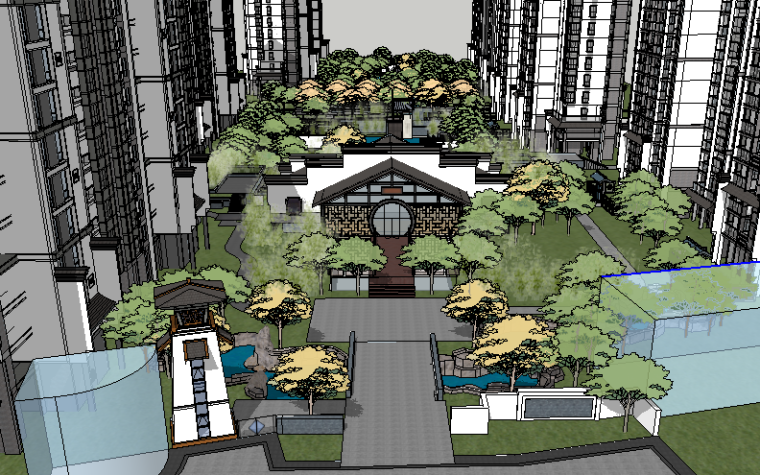 国外风小清新景观资料下载-新中式汉唐风住宅区景观SketchUp模型