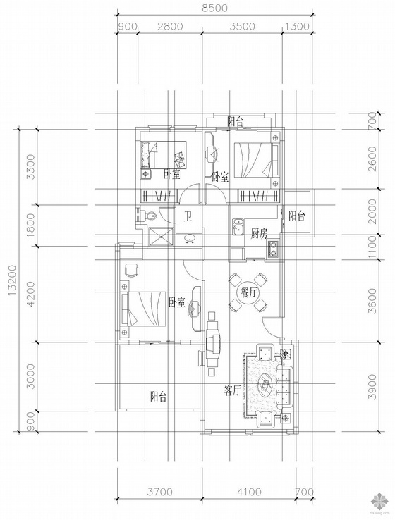 24层三室户型资料下载-板式多层单户三室二厅一卫户型图(90)