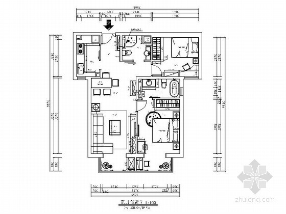两室两厅两卫平面图资料下载-[北京]某现代两室两厅两卫平面图