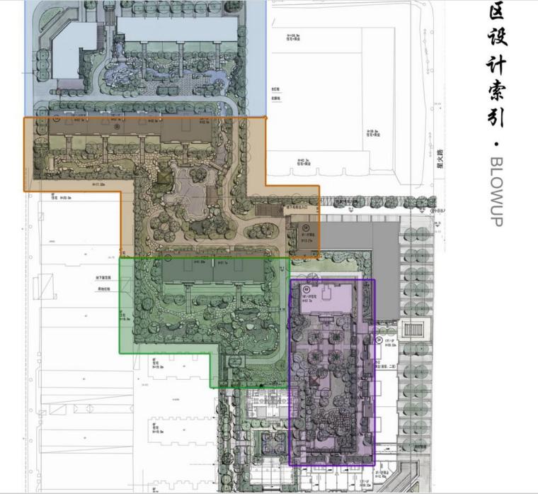 [北京]知名地产东郡方案文本居住区景观设计方案（PDF+87页）-分区设计索引图