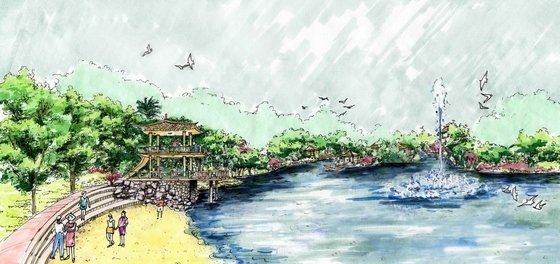 [峨眉山]滨河生态游憩公园景观设计方案-临风阁与音乐喷泉透视
