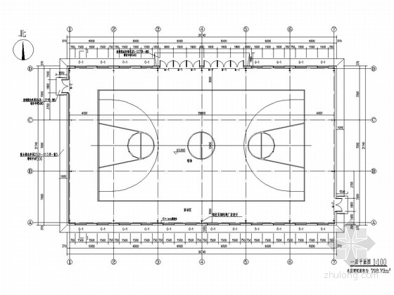 [呼伦贝尔]一层排架结构及钢结构体育馆结构图（含建筑图）-一层平面图 