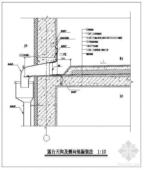 阳台露台地漏资料下载-露台天沟及侧向地漏做法详图