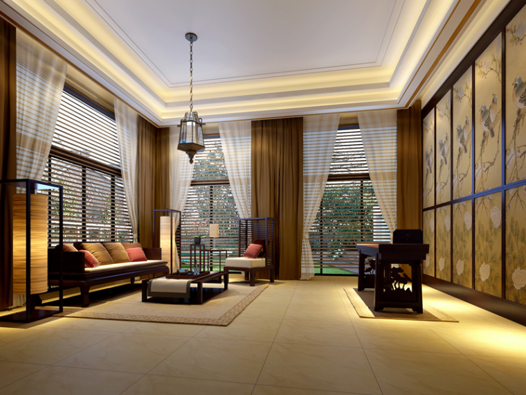 客厅沙发中式资料下载-高大中式客厅3D模型下载
