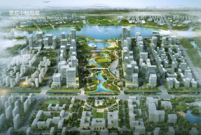 [浙江]360°环湖佛道文化生态海绵城市景观设计方案（2016最新）-景观中轴鸟瞰图