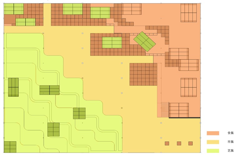 嘉兴七星喜悦田园综合体展示中心-06_平面布局概念图（三种颜色分别对应食集、市集、艺集三大目标）