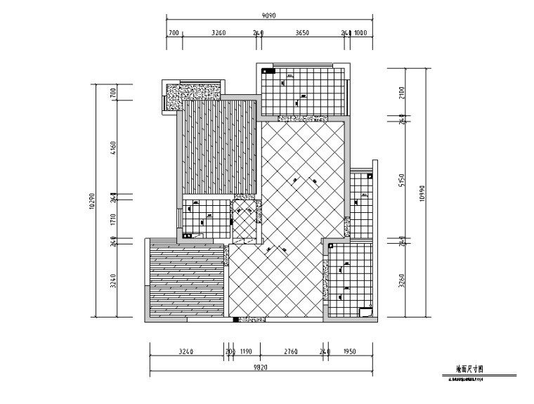 [江苏]现代美式风格套房住宅设计施工图（附效果图）-地面尺寸图