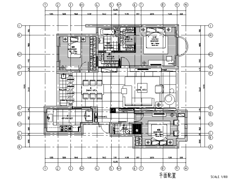 [福建]现代简约风格三居室住宅设计施工图（附效果图）-平面配置图