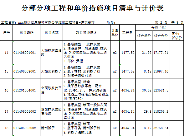 [广东]学校办公室装修安装工程预算书(含图纸)-建筑装饰 分部分项工程和单价措施项目清单与计价表