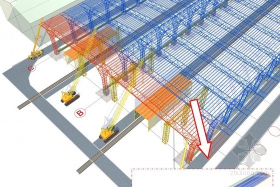 厂房轨道测量施工方案资料下载-[内蒙古]大跨度空间桁架结构单层车间滑移施工方案（液压同步顶推滑移、250页）