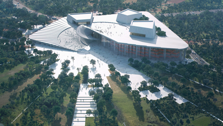 2000座礼堂设计资料下载-Snøhetta 公布上海大歌剧院方案，‘扇子’动态展开在黄浦江岸