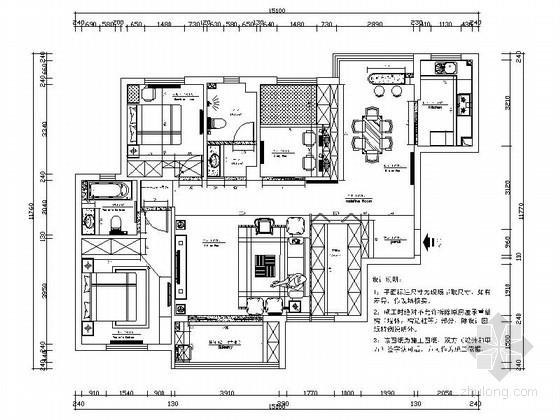 138㎡简欧风格三居室样板间CAD装修施工图（含效果）