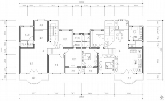 多层住宅一梯八户资料下载-板式多层一梯二户户型图(170/170)