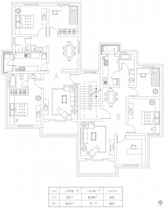 一梯两户18层住宅户型资料下载-板式多层一梯两户户型图(102/93)