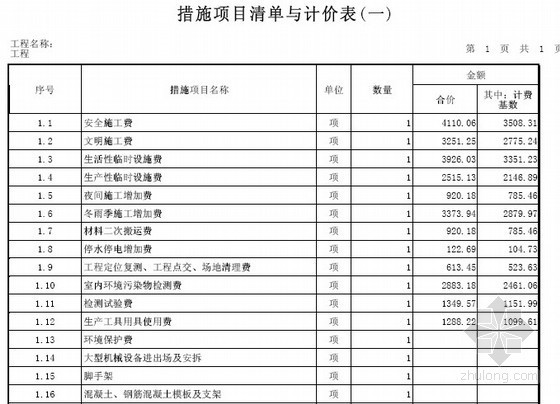 [山西]大型住宅项目园林景观工程量清单报价书(全套 2014年7月)-措施项目清单与计价表 