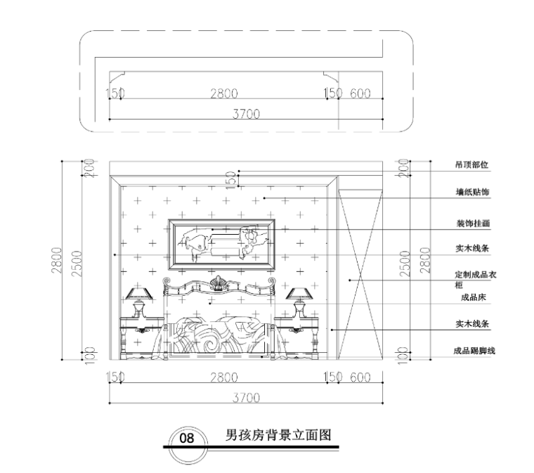 [福建]欧式风格罗生住宅室内设计施工图-男孩房背景立面图