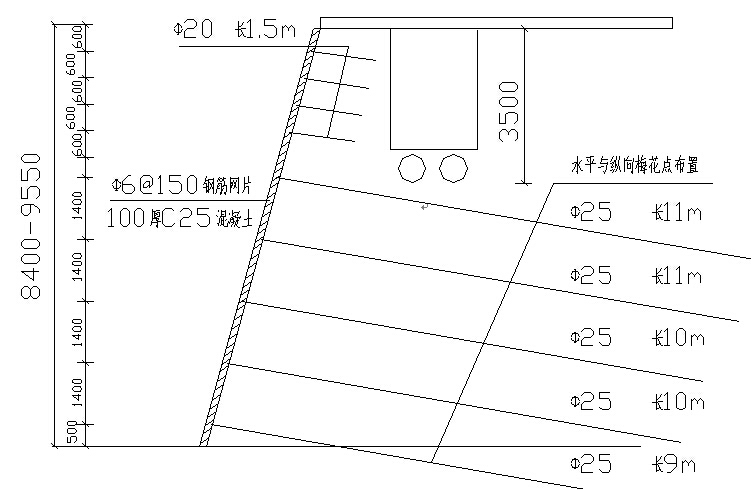 商住楼及地下车库深基坑工程支护桩及土钉墙支护施工方案-坑东侧坑壁支护施工作法