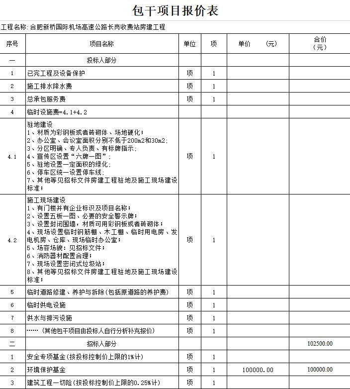 某收费站工程量清单-3、包干项目