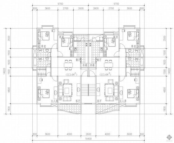 板式一梯八户住宅资料下载-板式多层一梯二户户型图(113/113)