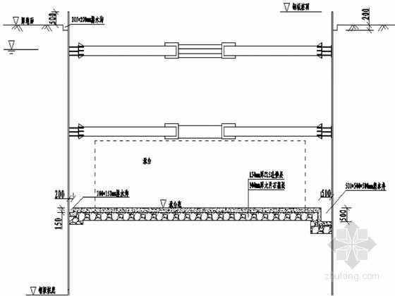 [浙江]某水中墩台承台钢板桩围堰及型钢拼接设计图-钢板桩围堰基顶基底排水示意图 