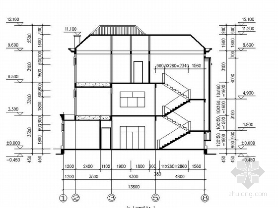 三层美式独立别墅方案图（两个车位）-三层美式独立别墅剖面图 