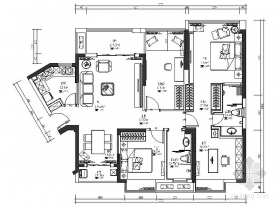新古典欧式室内设计资料下载-[湖北]欧式新古典4室2厅样板房室内设计CAD施工图（含效果图）