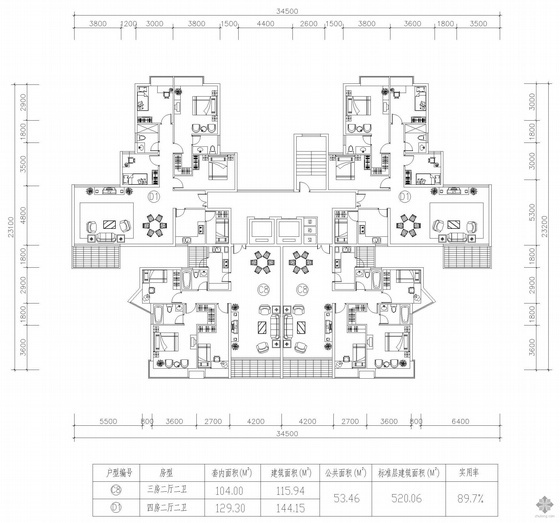 户型图两梯四户高层板式资料下载-塔式高层一梯四户户型图(116/116/144/144)