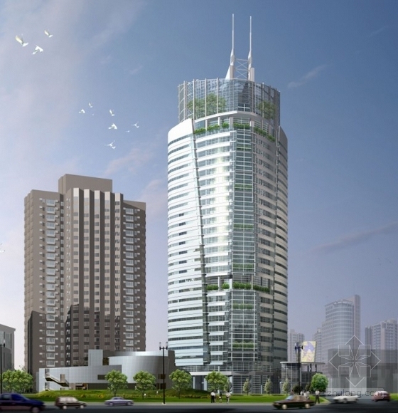 [上海]27层玻璃幕墙办公楼建筑设计方案文本（含cad ppt）-办公楼效果图