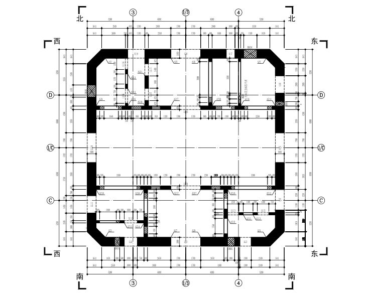 64层框架核心筒结构超高层大厦结构施工图（CAD、70张）-广发证券大厦01-06层核心筒剪力墙定位