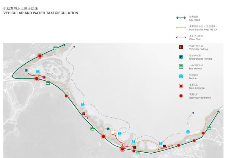 [浙江]东钱湖景区南岸线项目水上花园、阳光水岸概念方案文本-机动车与水上巴士动线