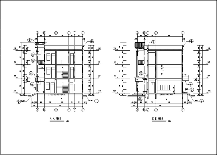 欧式独栋三层餐饮建筑设计方案施工图CAD-欧式三层独栋餐厅建筑设计剖面图