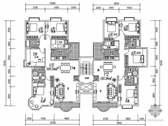 两室一厅户型图cad高层资料下载-塔式高层一梯二户户型图（146/158）