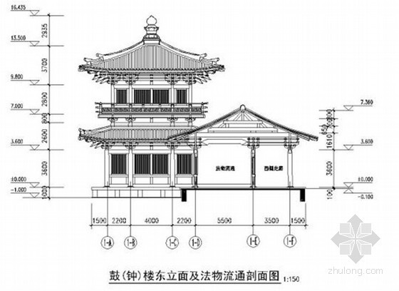 建筑工程古建施工工艺技术综合报告（附图）-鼓钟楼东立面及法物流通剖面图 