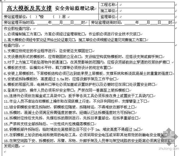 高压摆喷施工记录表填写范例资料下载-某房建工程安全旁站监理记录表格及填写范例