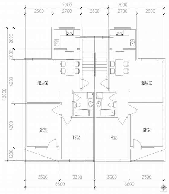 小户型一梯两户户型图资料下载-板式多层一梯两户户型图(75/75)