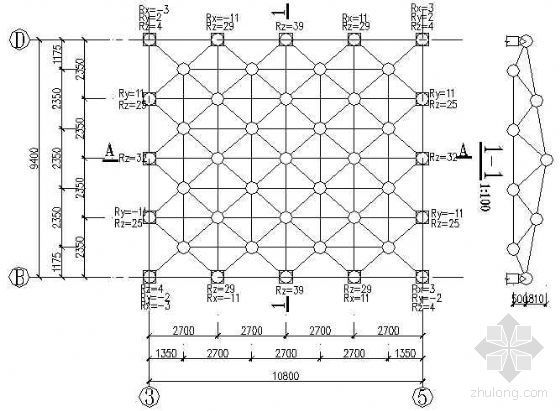 四坡五脊钢结构施工图资料下载-某四坡网架施工图
