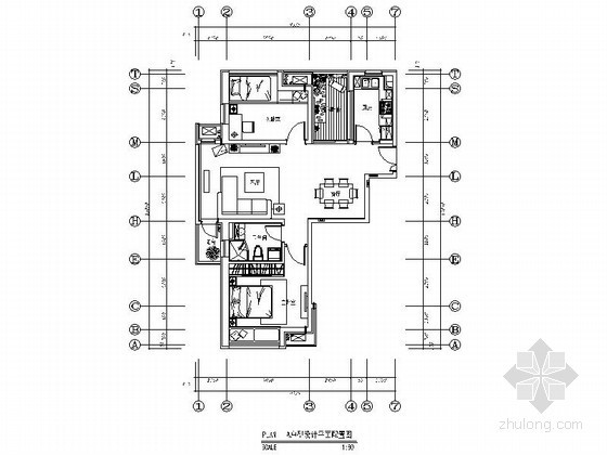 两居室公寓户型平面资料下载-精装A户型两居室装修图