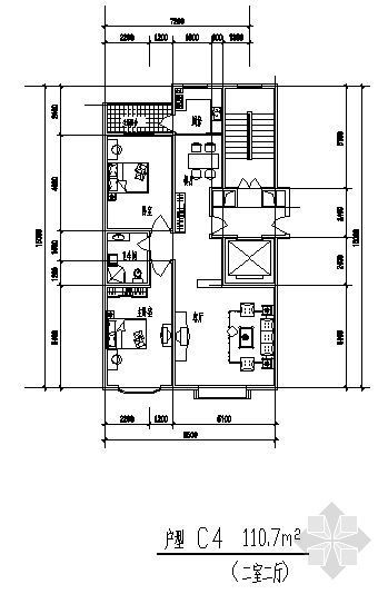 200平方米办公室施工图资料下载-二室二厅10（110.7平方米）