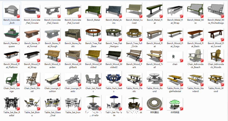 景观园林SU模型资料下载-一套常用园林景观座椅SU模型