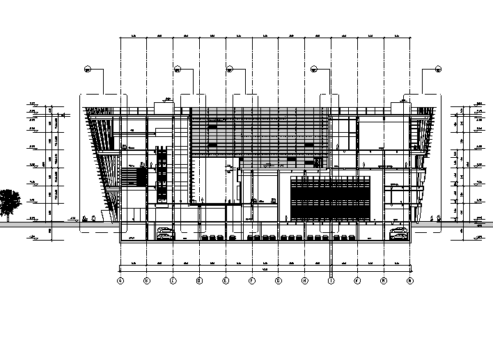 [江苏]六层梯形造型框架结构图书馆建筑施工图(含全专业图纸）-六层梯形造型框架结构图书馆建筑剖面图