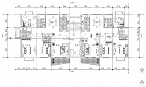 四层住宅一梯两户户型图资料下载-板式多层一梯两户户型图(141/119)