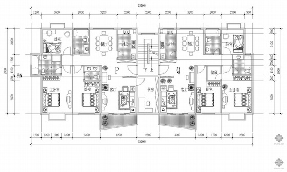 一体两户多层建筑户型图资料下载-板式多层一梯两户户型图(141/119)